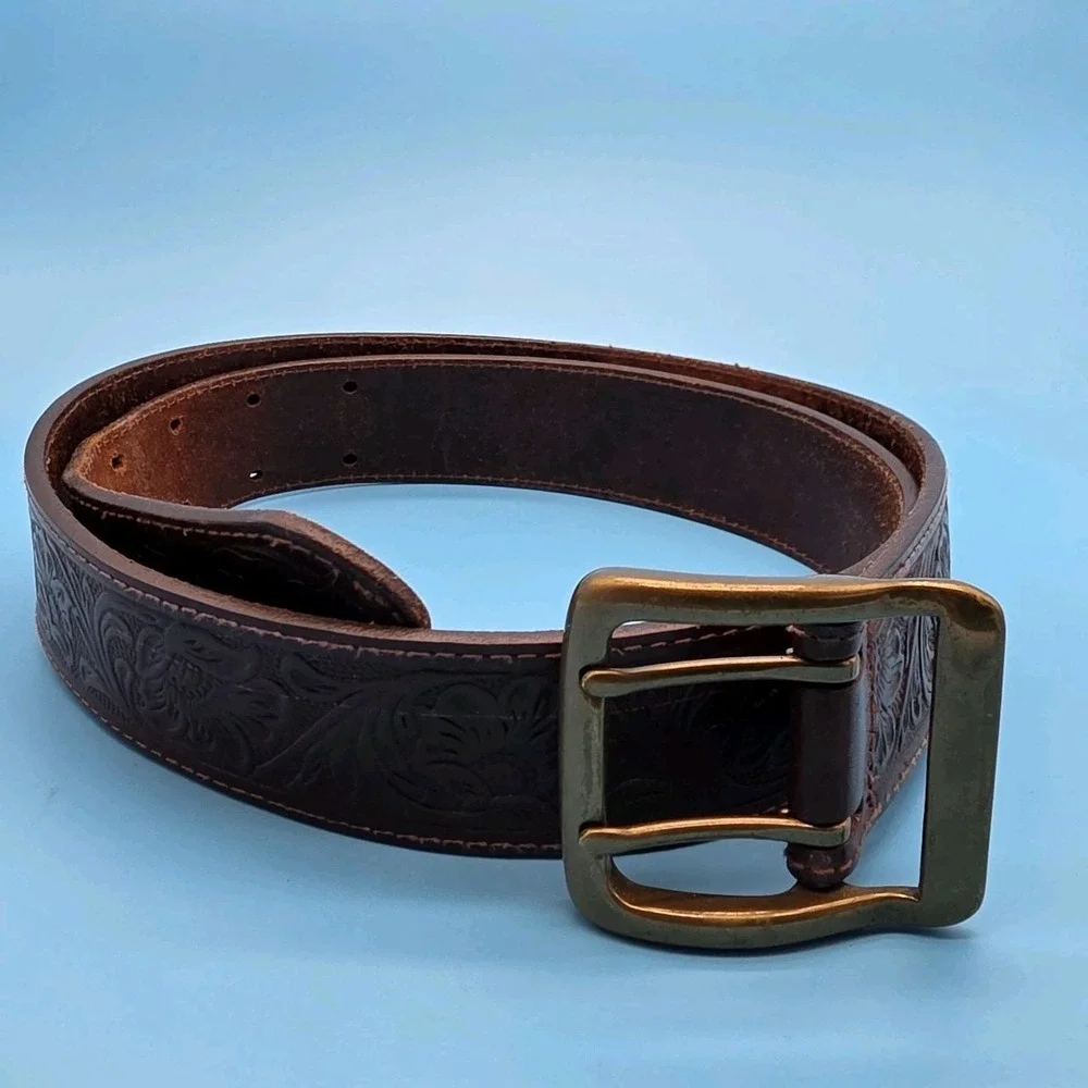 Vintage Eddie Bauer Floral Pattern Brown Leather Belt Brass Buckle‎ Mens Large